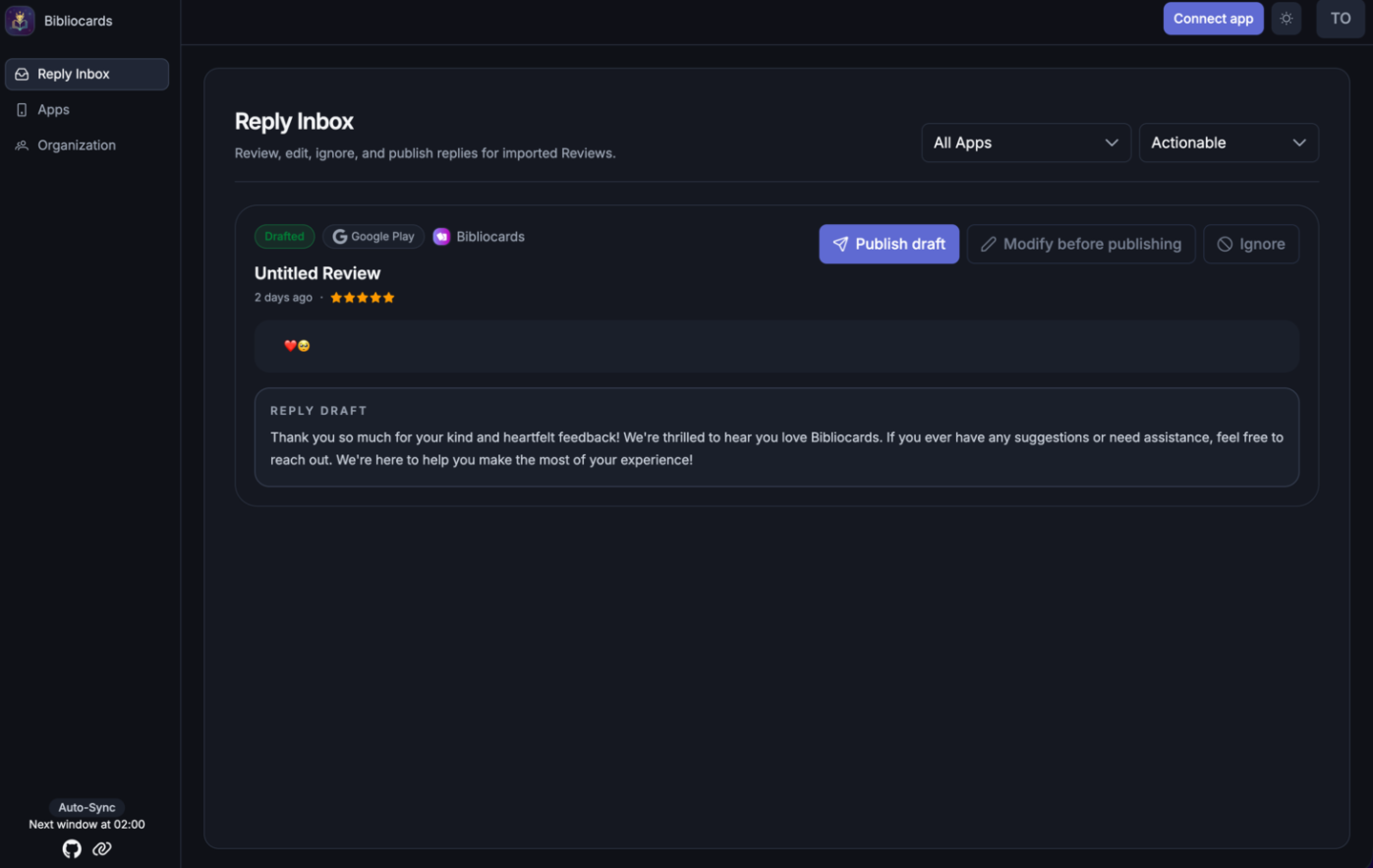 ReviewInbox Reply Inbox showing reviews and reply drafts in a dark product interface